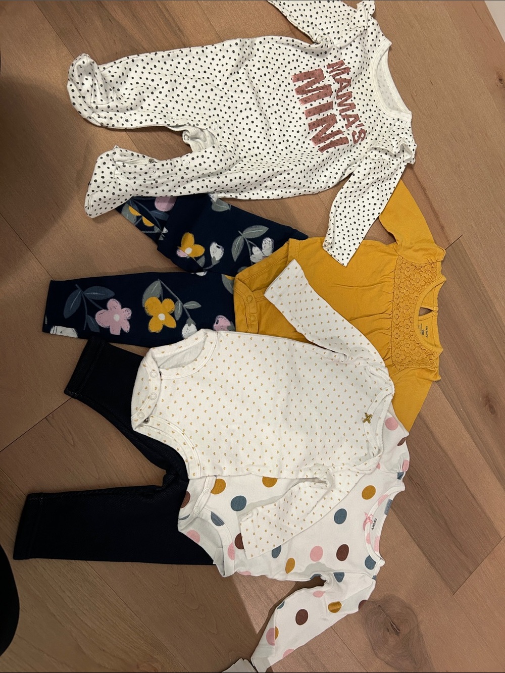 Baby Girls Mixed Outfit Bundle - Polka Dot, Floral & Mustard Pieces